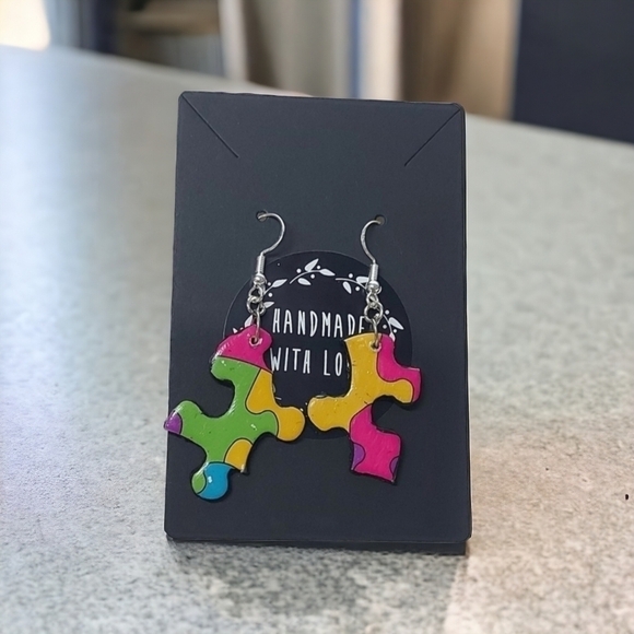 Handcrafted Puzzle Piece Earrings - Picture 2 of 3